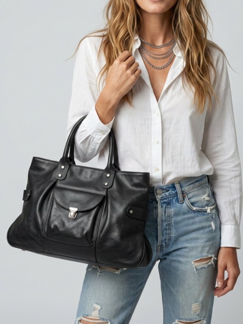 Black Leather Shoulder Bag Large Tote Handbag Weekender Travel School Bag